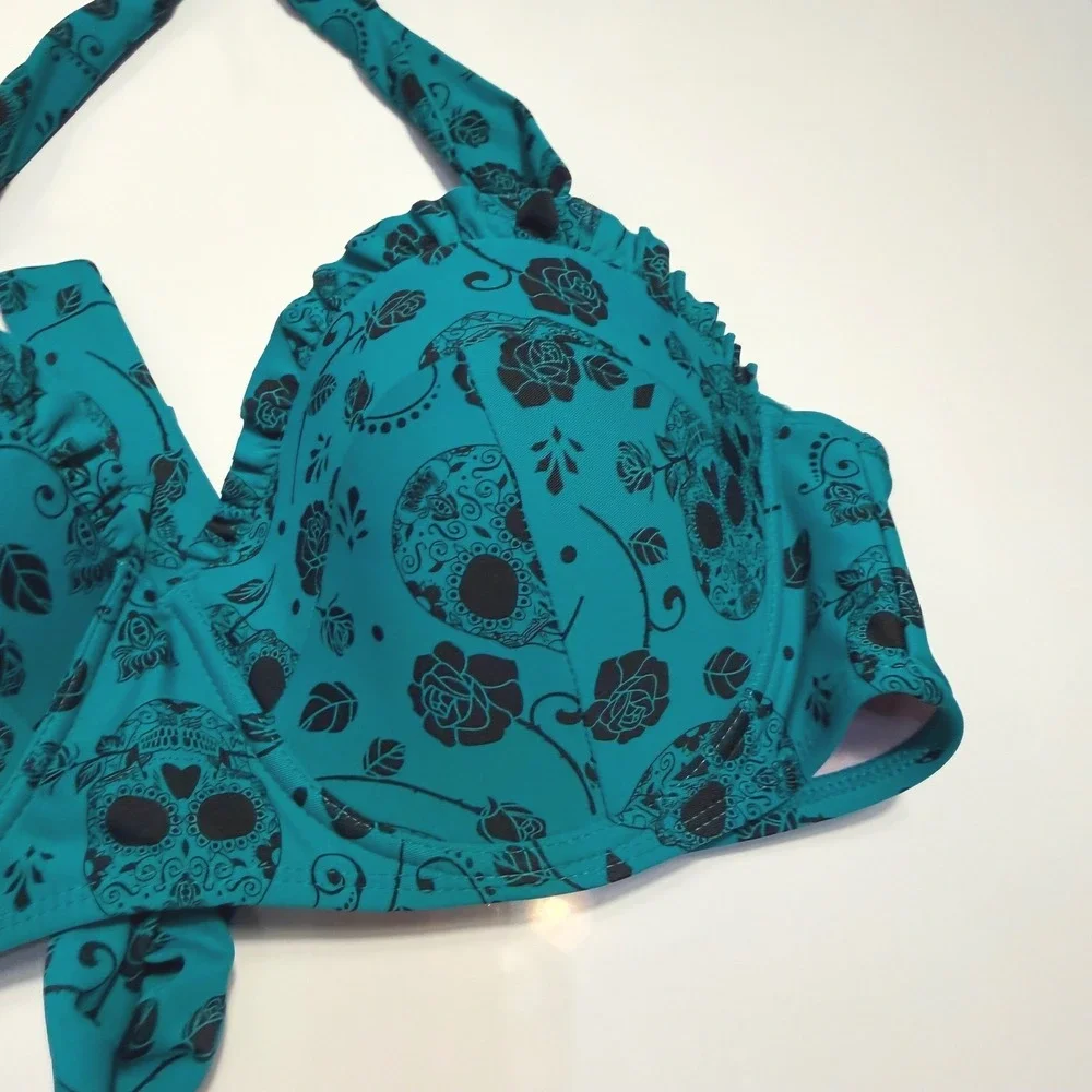Hot Topic Midnight Hour Teal Sugar Skull Rose Halter Bikini Top Medium Underwire